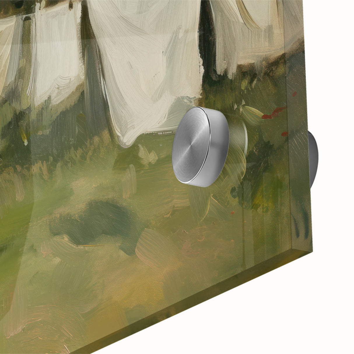 Close-up of a vibrant acrylic glass artwork depicting a stunning landscape with rich colors and intricate details, perfect for enhancing modern decor.