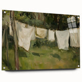 Acrylic and glass landscape artwork displayed from a side view, featuring vibrant colors and intricate details, secured with pins for stability. Ideal for modern home decor.