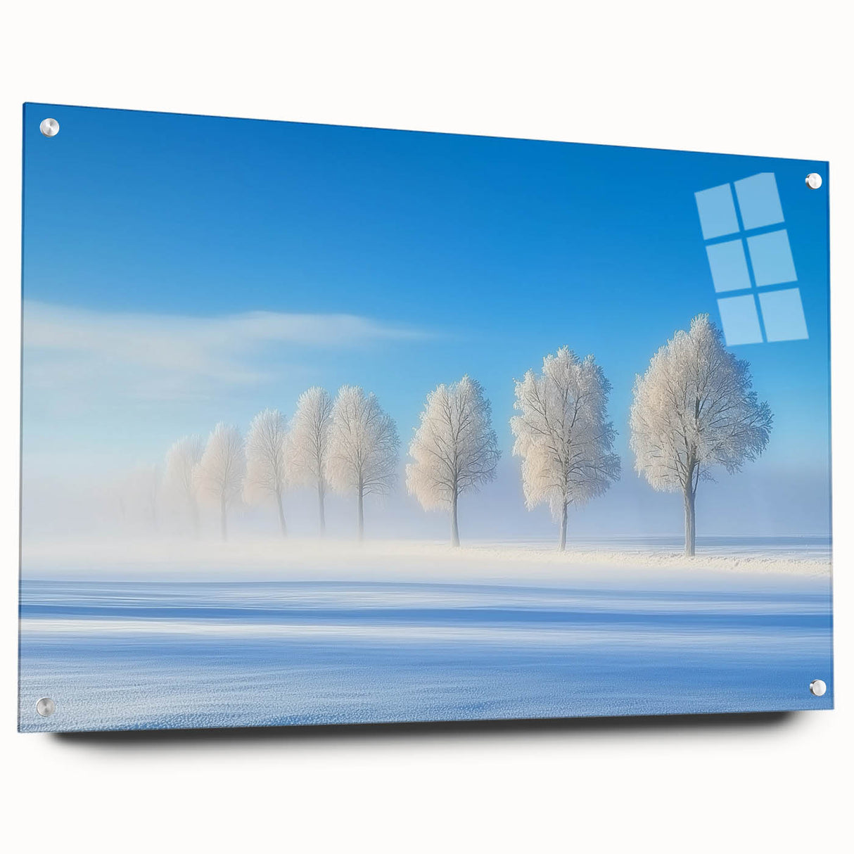 Acrylic glass artwork depicting a serene countryside landscape with vibrant colors and intricate details, displayed at an angle with decorative pins, enhancing its visual appeal.