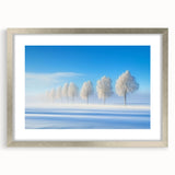Elegant silver-framed landscape artwork showcasing a serene countryside scene, complete with a mat for added depth and sophistication, ideal for home decor.
