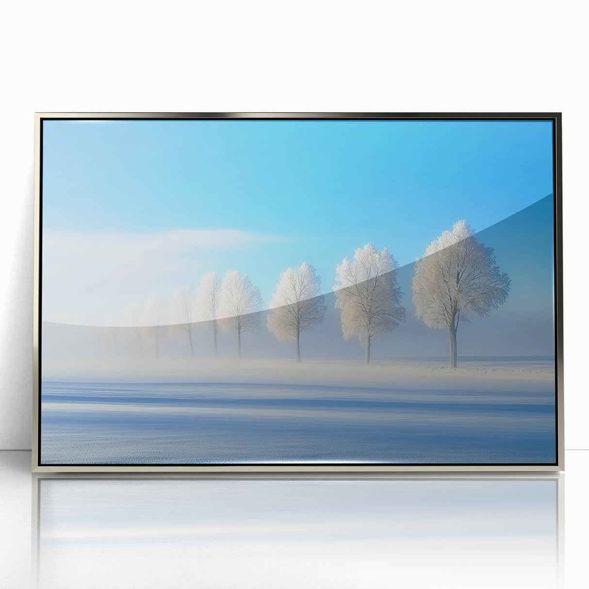 Framed acrylic artwork depicting a serene countryside landscape with lush greenery and a clear blue sky, elegantly displayed in a silver frame for modern decor.