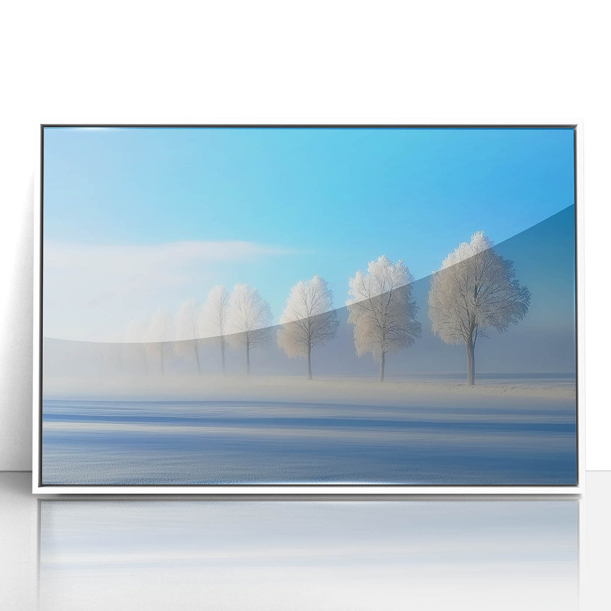 Framed acrylic artwork titled "60 Landscapes" showcasing serene countryside scenes, displayed in a sleek white frame, perfect for home decor enhancement.