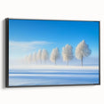 Framed canvas artwork showcasing a serene countryside landscape in vibrant colors, featuring a black frame and side view for elegant home decor. Ideal for enhancing living spaces with natural beauty.