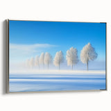 Framed canvas artwork depicting a serene countryside landscape with vibrant colors and detailed textures, highlighted by a sleek silver frame for a modern touch.