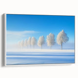 Framed canvas artwork depicting a serene countryside landscape with vibrant greens and blues, presented in a sleek white frame, perfect for home decor.