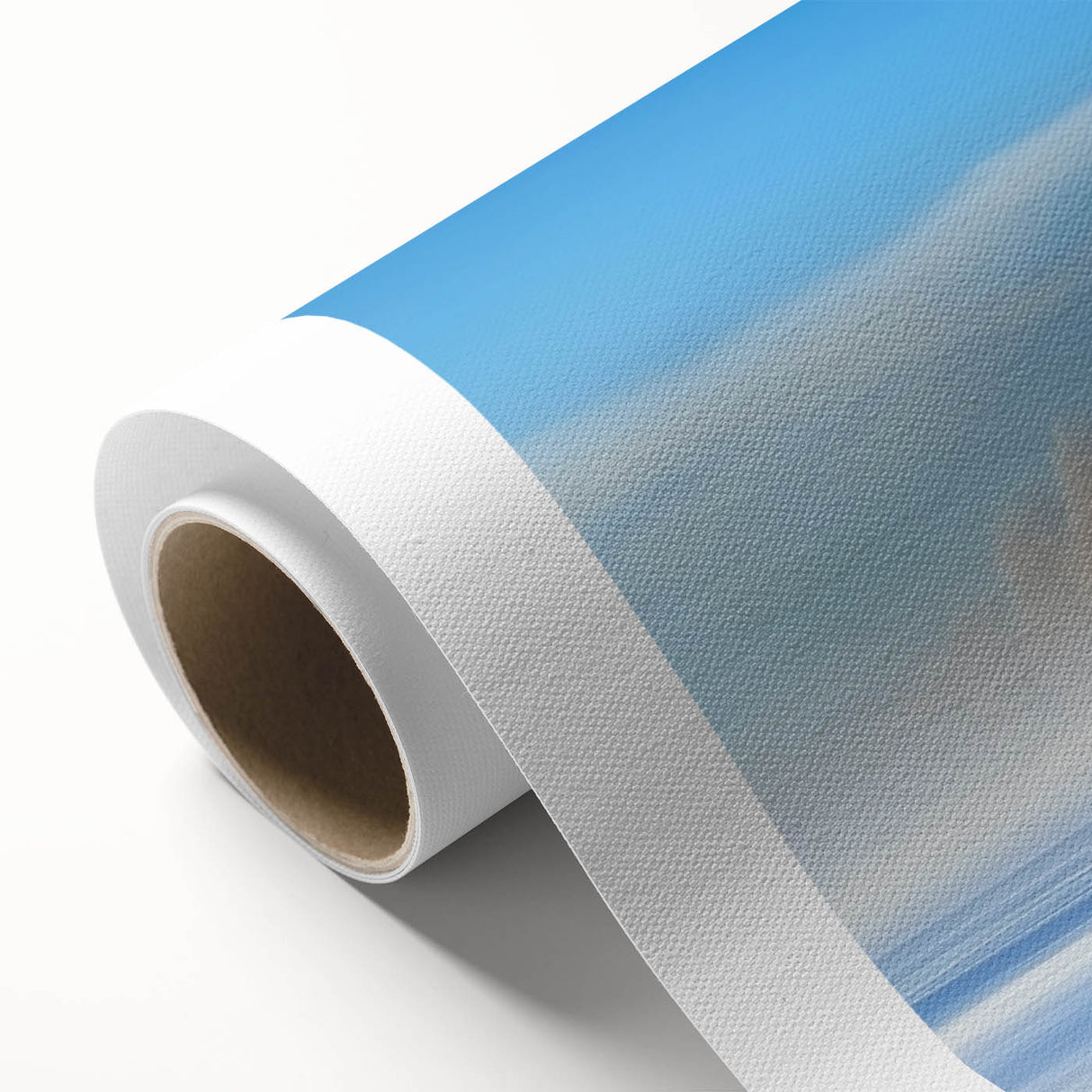 Rolled canvas showcasing a vibrant countryside landscape design with lush greenery and rolling hills, elegantly packaged in a protective cardboard tube for easy display.