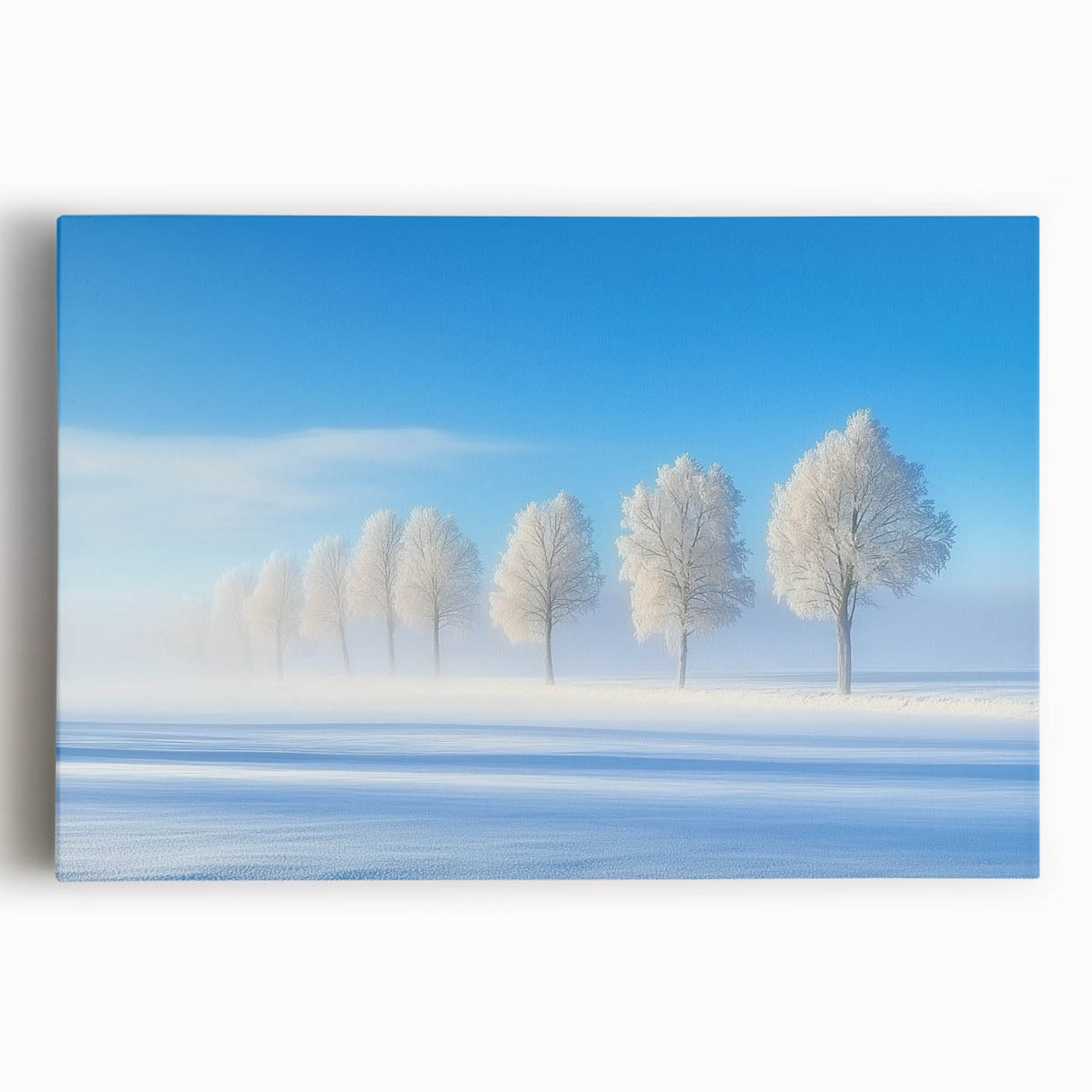 Stretched canvas artwork depicting a serene countryside landscape with rolling hills and vibrant greenery, perfect for home decor and nature enthusiasts.