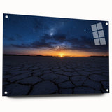 Acrylic glass artwork depicting a vibrant desert landscape in side view, showcasing intricate details and vivid colors, elegantly pinned for display.