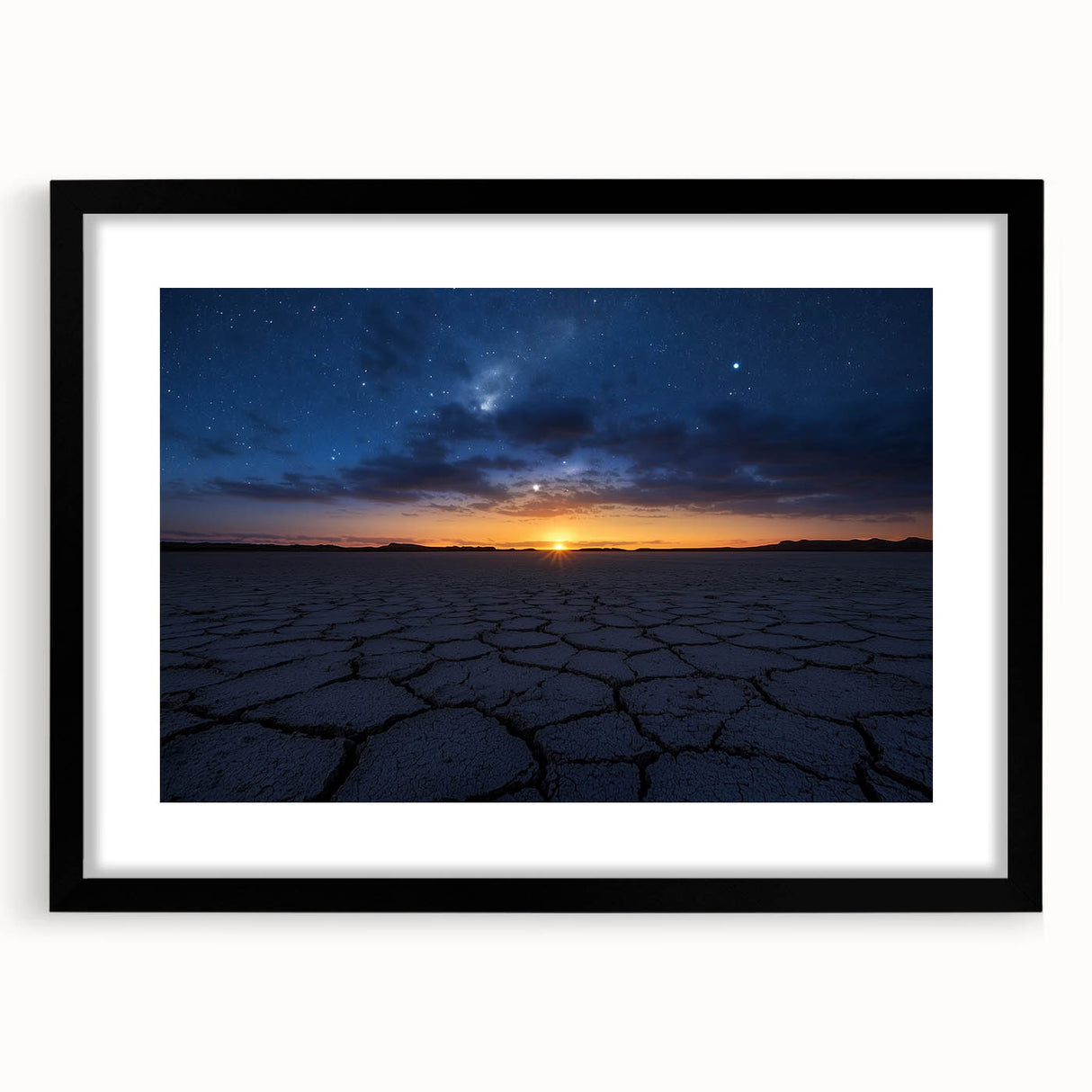 Desert landscape framed artwork featuring a black mat and sleek black frame, showcasing vibrant earth tones and dramatic sky, ideal for modern home decor.