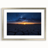 Framed desert landscape artwork with silver matting, showcasing vibrant colors and intricate details, ideal for home decor or office aesthetics.