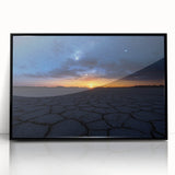 Framed acrylic artwork showcasing a vibrant desert landscape with rich colors and detailed textures, set in a sleek black frame for a modern aesthetic.