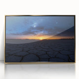 Framed acrylic artwork showcasing a vibrant desert landscape in gold tones, ideal for modern home decor, emphasizing natural beauty and serene aesthetics.