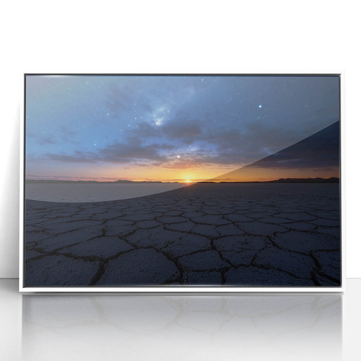 Framed acrylic artwork depicting a vibrant desert landscape with warm hues of orange and yellow, set in a sleek white frame, ideal for modern home decor.