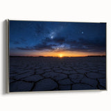 Framed canvas artwork showcasing a stunning desert landscape with vibrant colors and intricate details, presenting a silver frame that enhances its beauty and depth.