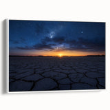 Framed canvas artwork depicting a desert landscape with warm colors and intricate details, showcasing a serene desert scene with cacti and mountains in a stylish white frame. Perfect for home decor in living rooms or offices.