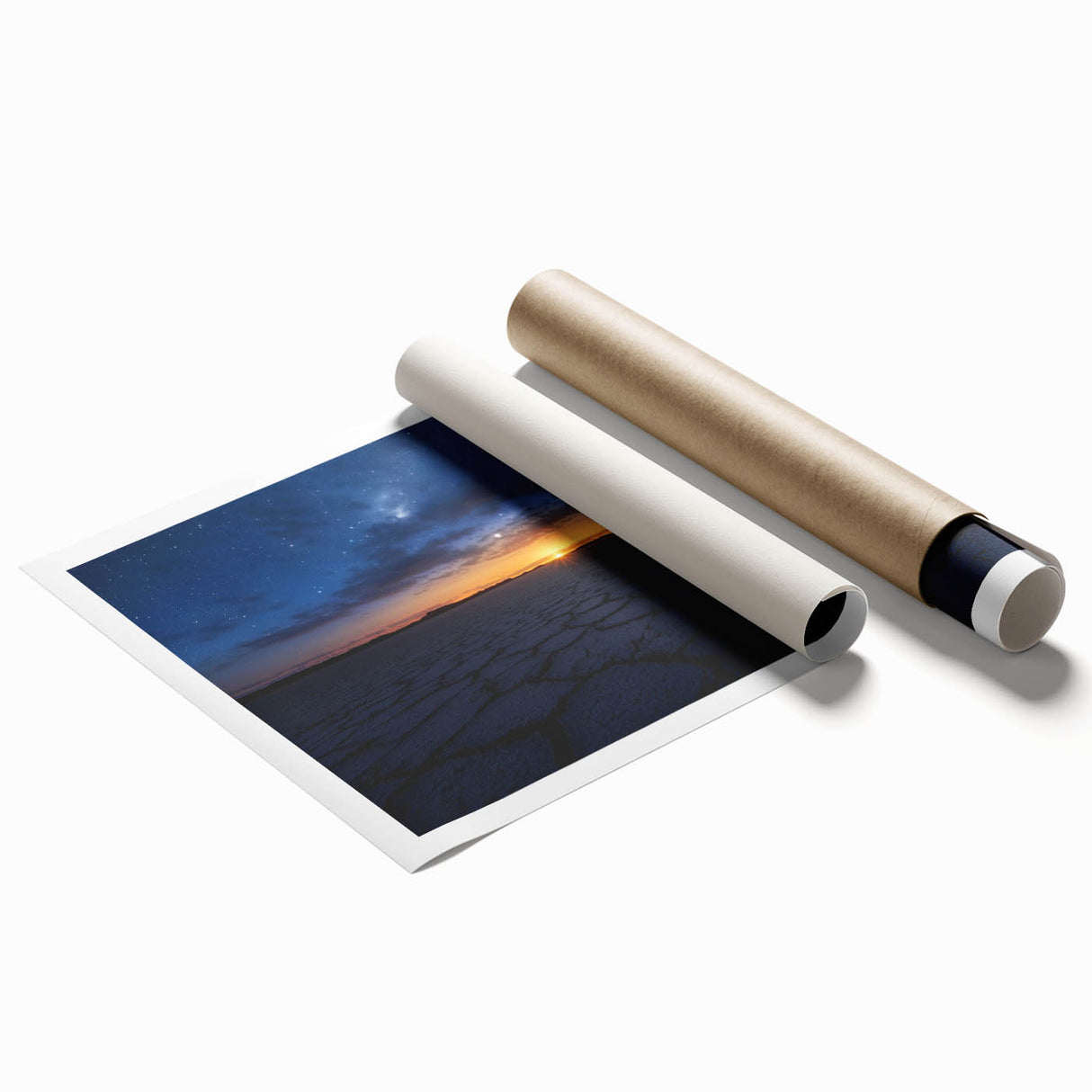 Desert landscape rolled print showcasing vibrant hues of orange and yellow sunset over sandy dunes, elegantly packaged in a protective cardboard tube.