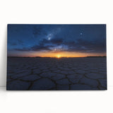 Stretched canvas artwork depicting a serene desert landscape, showcasing warm hues of orange and yellow, perfect for home decor or art enthusiasts.