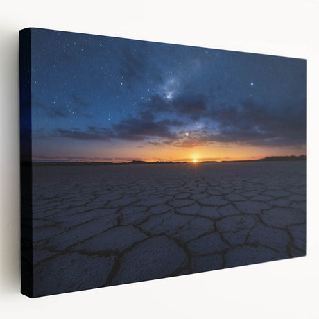 Desert landscape stretched canvas art showcasing vibrant hues of orange and yellow, depicting a serene sunset over sand dunes, perfect for home decor.