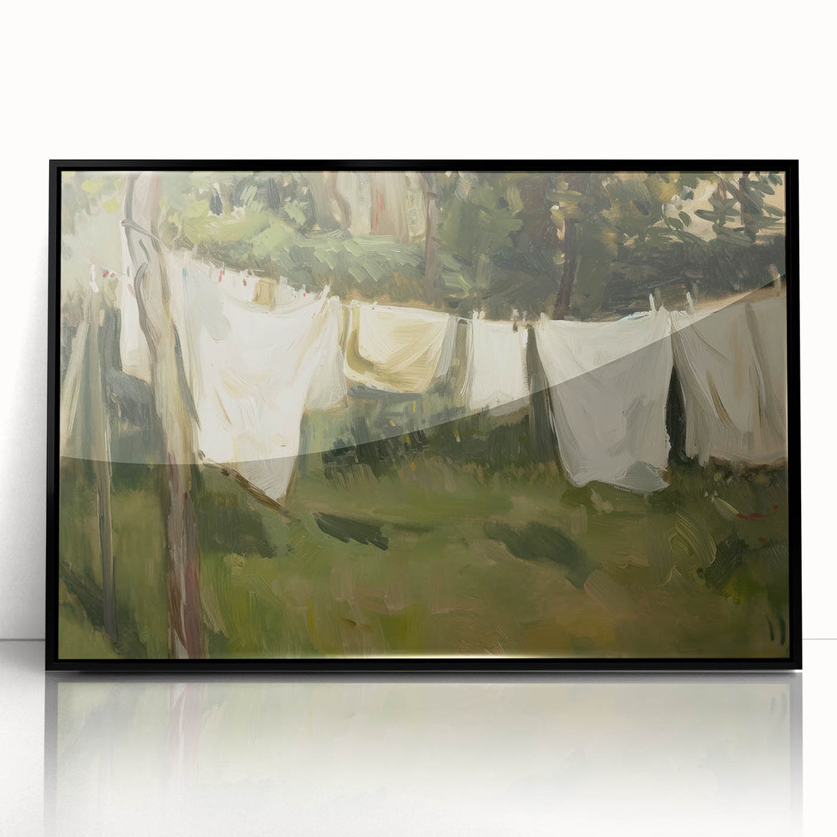 Framed acrylic artwork showcasing a vibrant landscape design in a sleek black frame, highlighting rich colors and intricate details, perfect for modern home decor.
