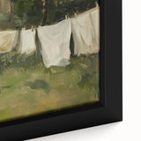 Close-up of a framed canvas artwork depicting a serene landscape with vibrant colors, showcasing intricate details and textures, perfect for home decor.