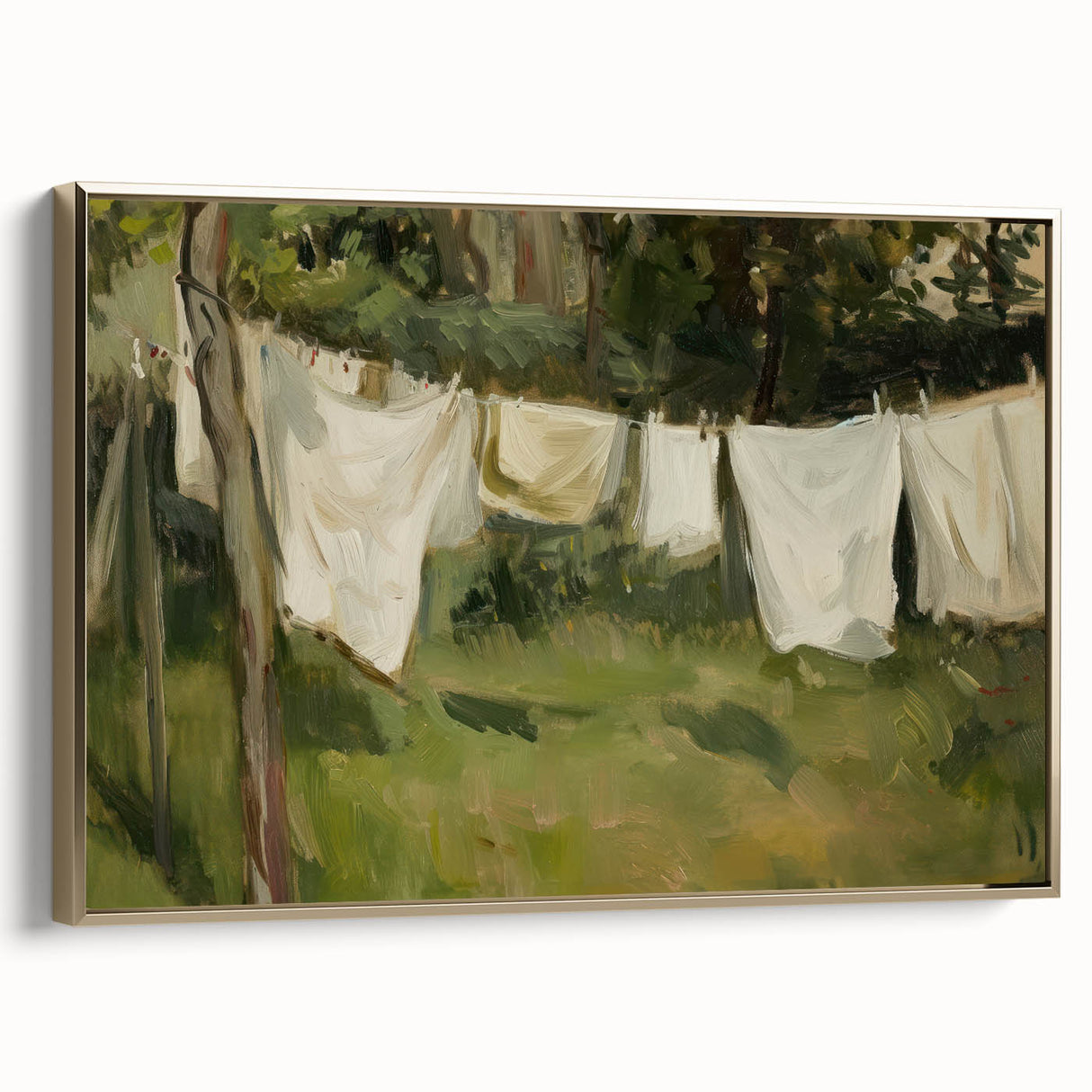 Framed canvas artwork showcasing a vibrant landscape design with gold accents, elegantly displayed from the side to highlight its depth and texture. Perfect for modern home decor.