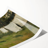 Rolled print showcasing a vibrant landscape design featuring lush green hills and a bright blue sky, elegantly packaged in a protective cardboard tube for easy storage.