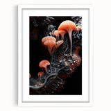 Abstract art print featuring natural close-up elements in muted earth tones, framed in white.