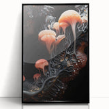 Large abstract wall art featuring swirling black and white patterns on acrylic, framed in black.