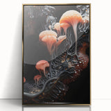 Large art print featuring a mid-century modernist abstract design in gold and black tones on a framed acrylic panel.