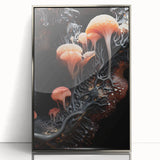 Mid-century modernist art featuring abstract natural elements in muted earth tones, acrylic print framed in silver.