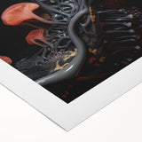 Art deco poster featuring geometric patterns in gold and black on a rolled canvas, suitable for dining room walls.