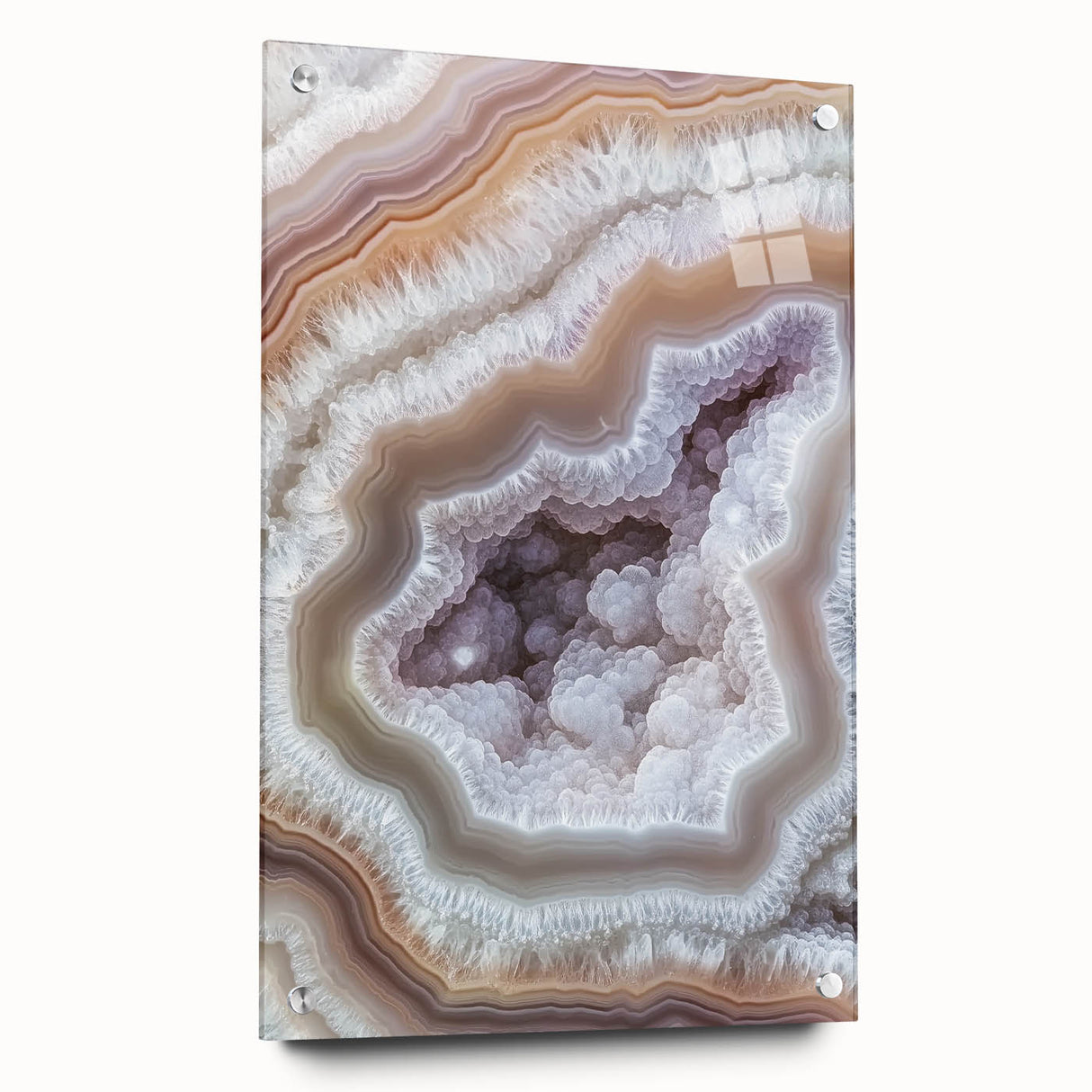 Large abstract wall art featuring close-up nature elements in vibrant green and blue tones on acrylic glass.