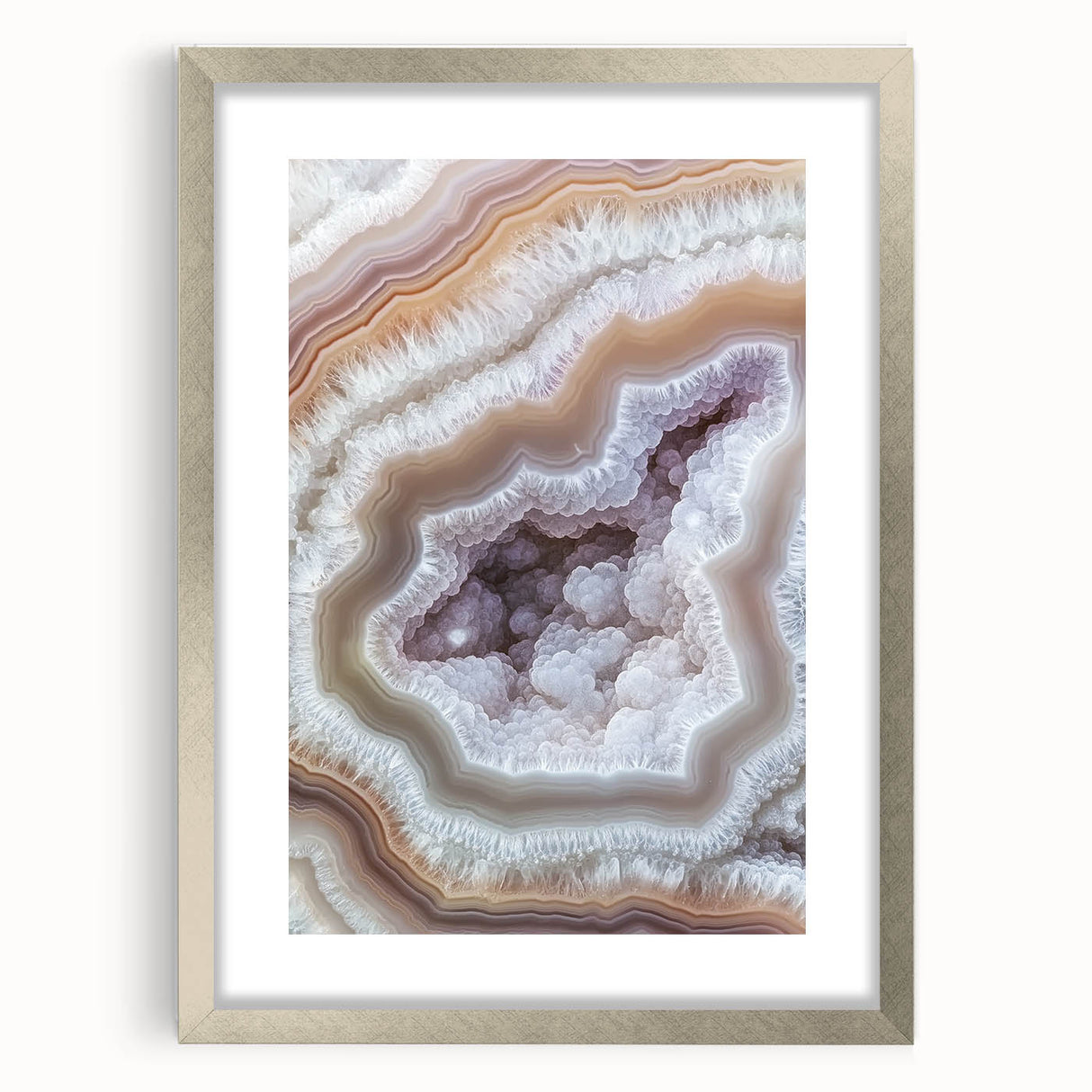 Textured abstract art print in earth tones on a silver-framed canvas, ideal for bedroom ambiance.