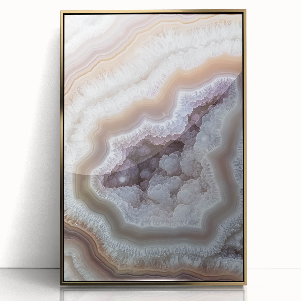 Large acrylic print of a close-up nature scene in vibrant greens and yellows, framed in gold.