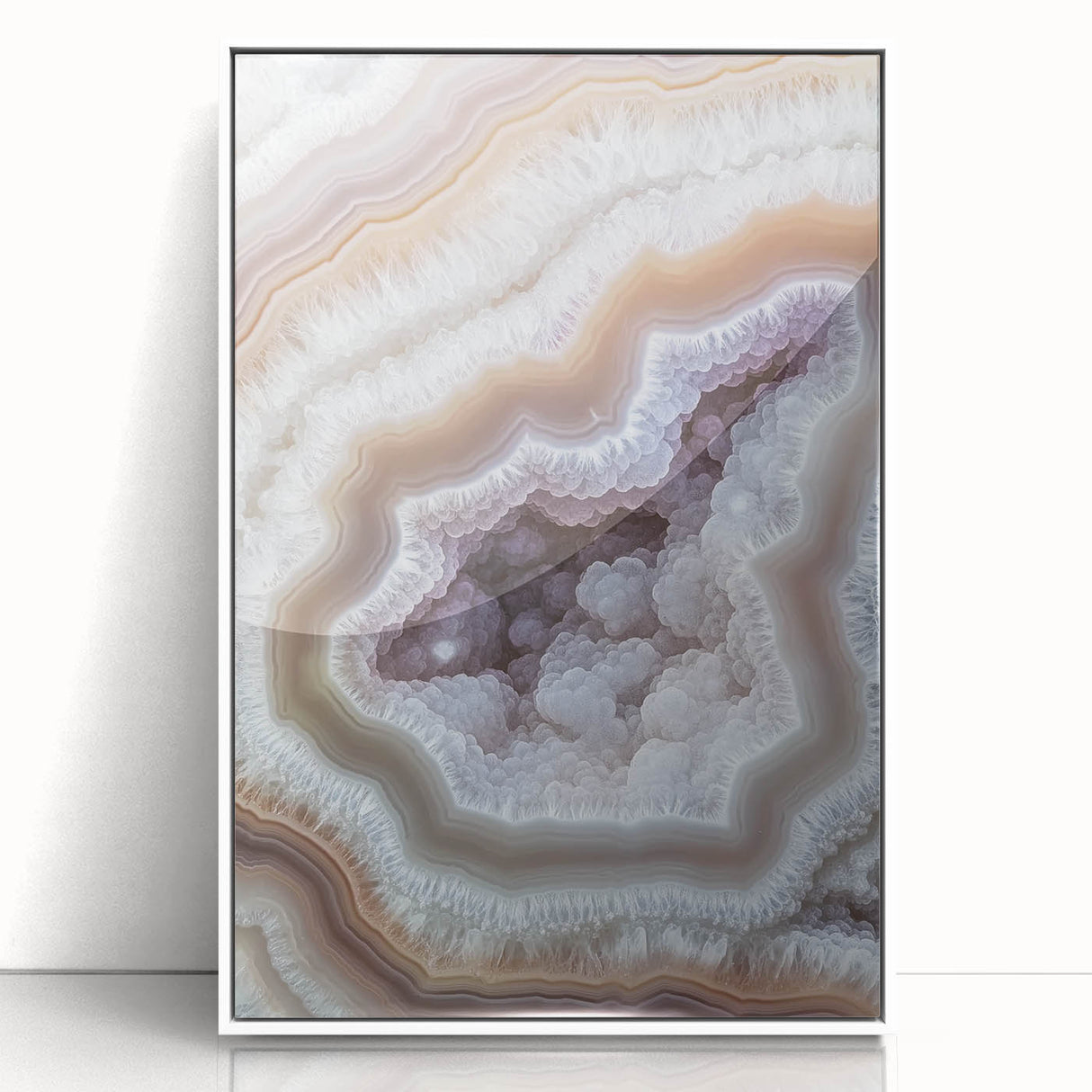Framed acrylic print featuring close-ups of nature elements in soft pastel shades, suitable for nursery wall art.