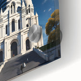 Large abstract depiction of the Eiffel Tower in muted gray and blue tones, on acrylic glass, suitable for dining room art.