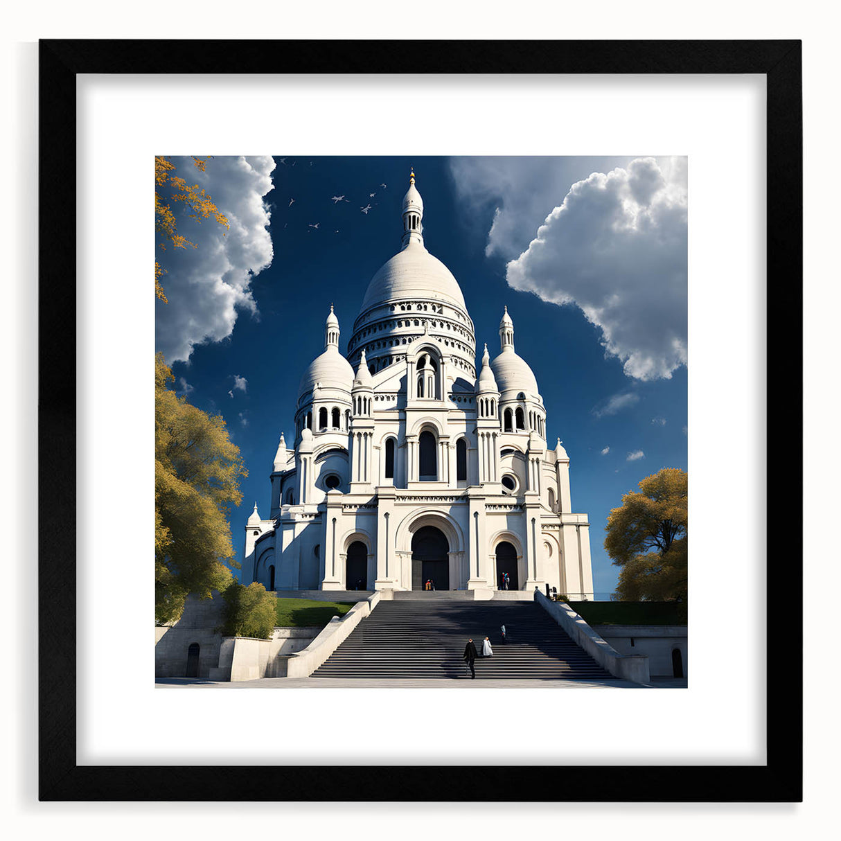 Extra large abstract art print of a colorful Paris scene in a black frame, ideal for living room decor.