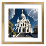 Abstract art print of Paris scenery in muted gold and blue tones on a framed canvas.