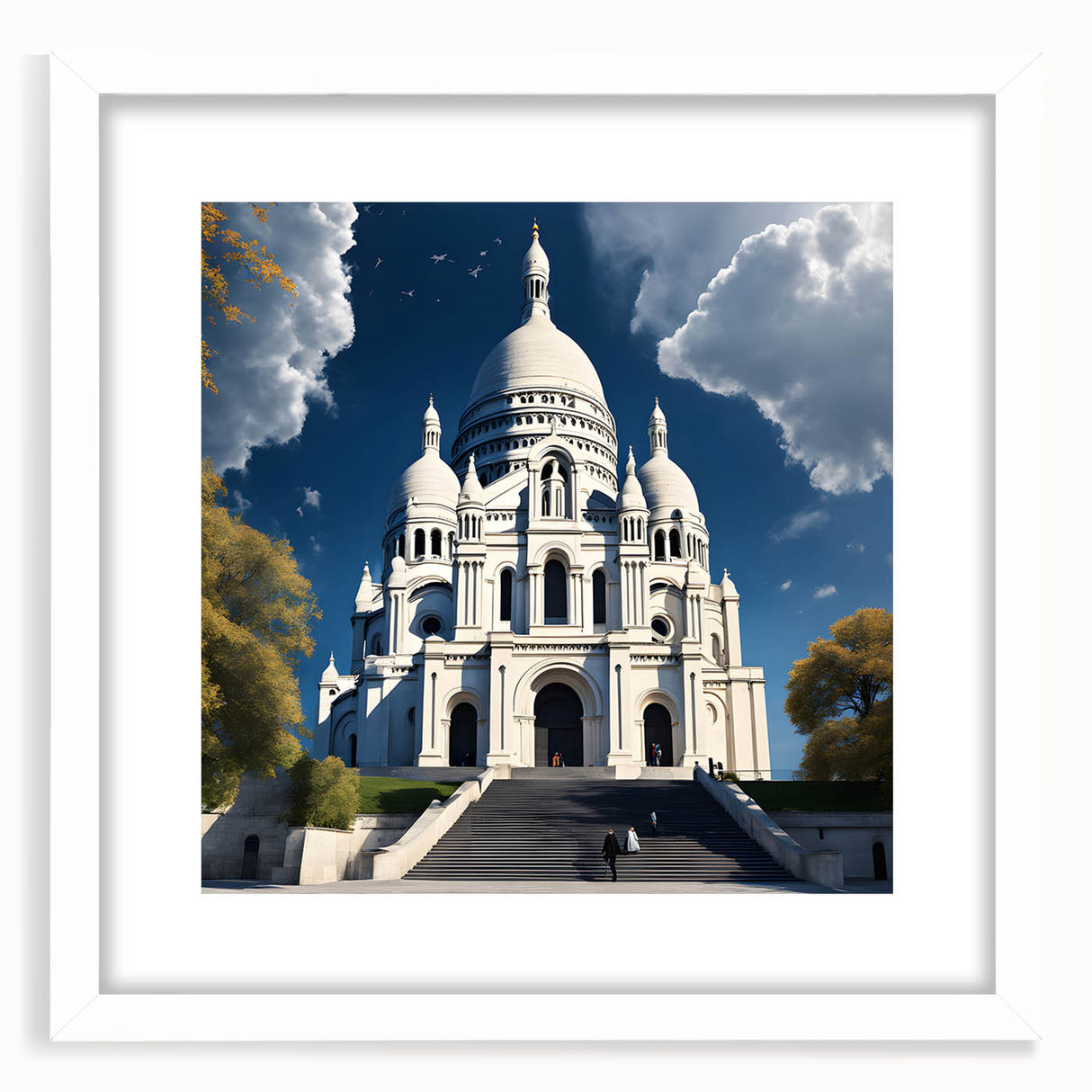 Textured art print of an abstract Paris skyline in muted gray tones, framed with a white mat, ideal for bedroom decor.
