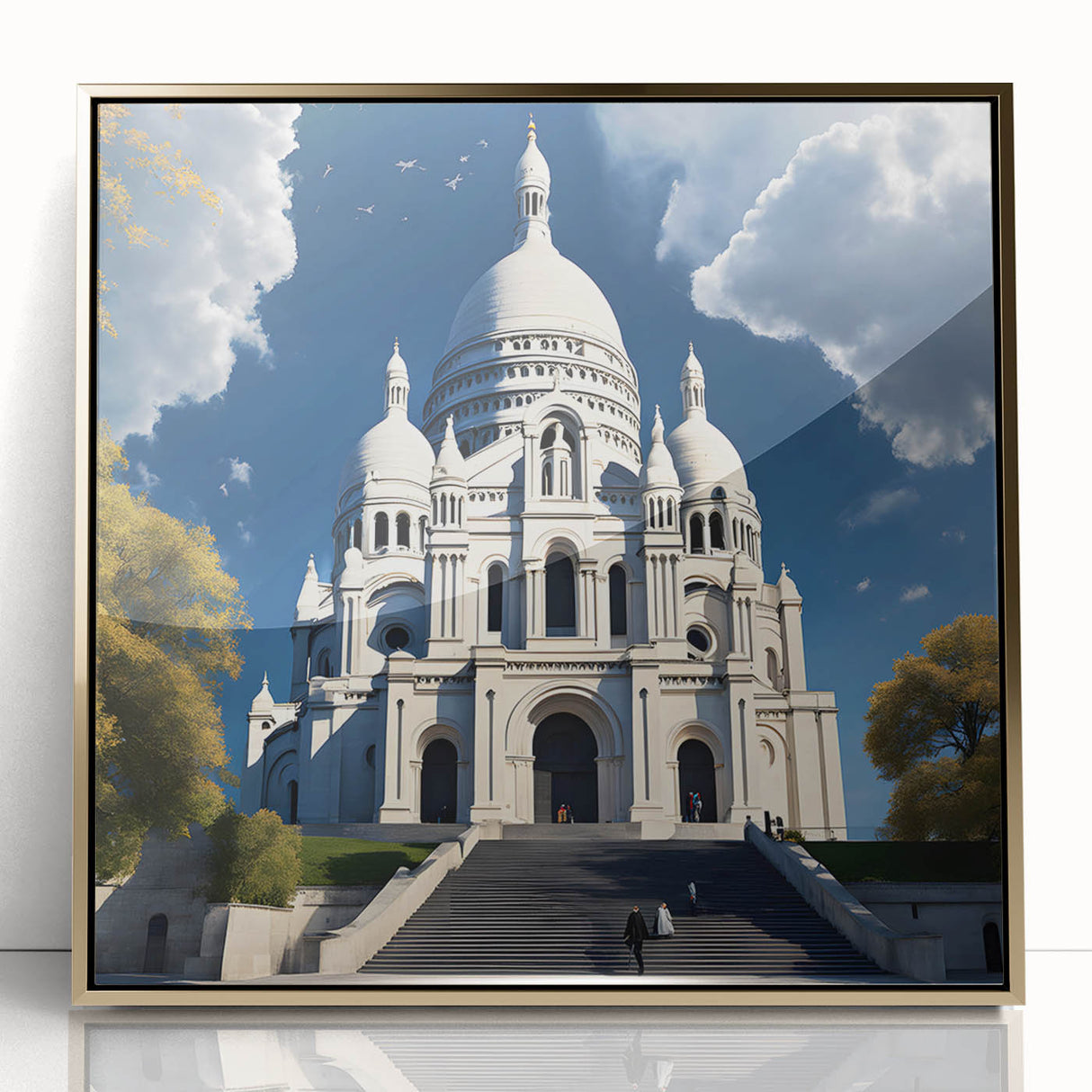 Art Deco poster of Paris skyline in gold and black tones on framed acrylic, suitable for modern art wall decor.