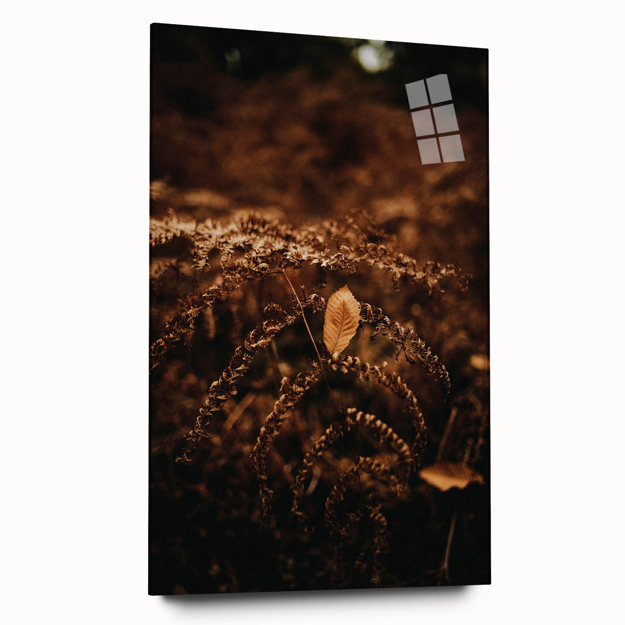 Large abstract wall art on acrylic glass depicting swirling autumn hues, ideal for bedroom or dining room decor.