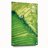 Large abstract wall art on acrylic glass depicting vibrant spring colors, ideal for bedroom or dining room decor.