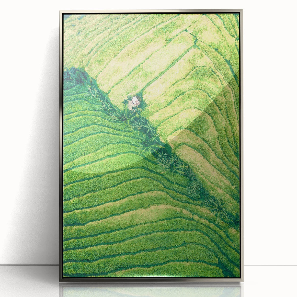 Mid-century modernist art depicting spring season in pastel shades on a silver-framed acrylic print.