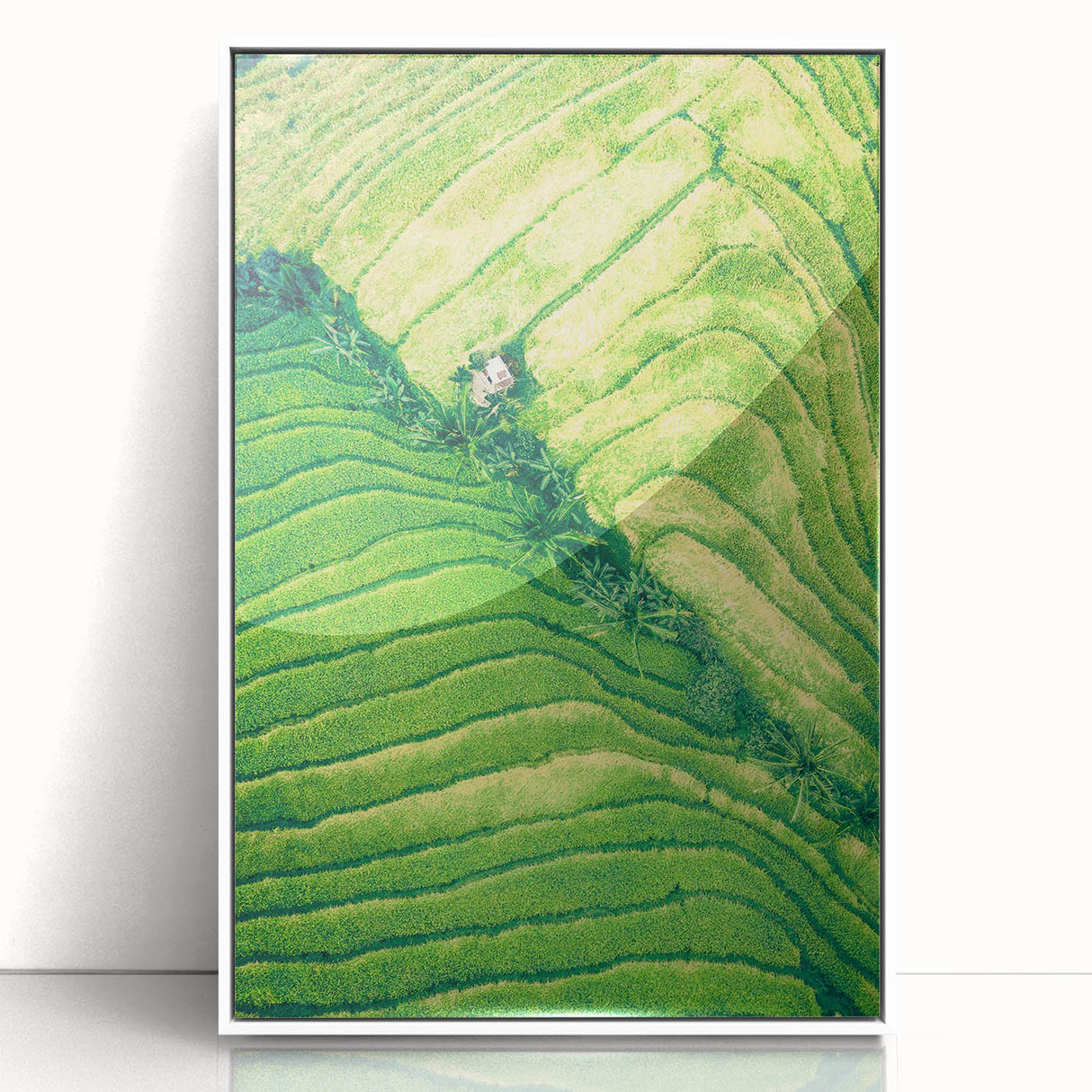 Acrylic print of a spring-themed art deco poster with pastel colors, framed in white, ideal for nursery wall art.