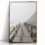 Large art print of a mid-century modernist summer scene in gold frame, ideal for nursery wall art.