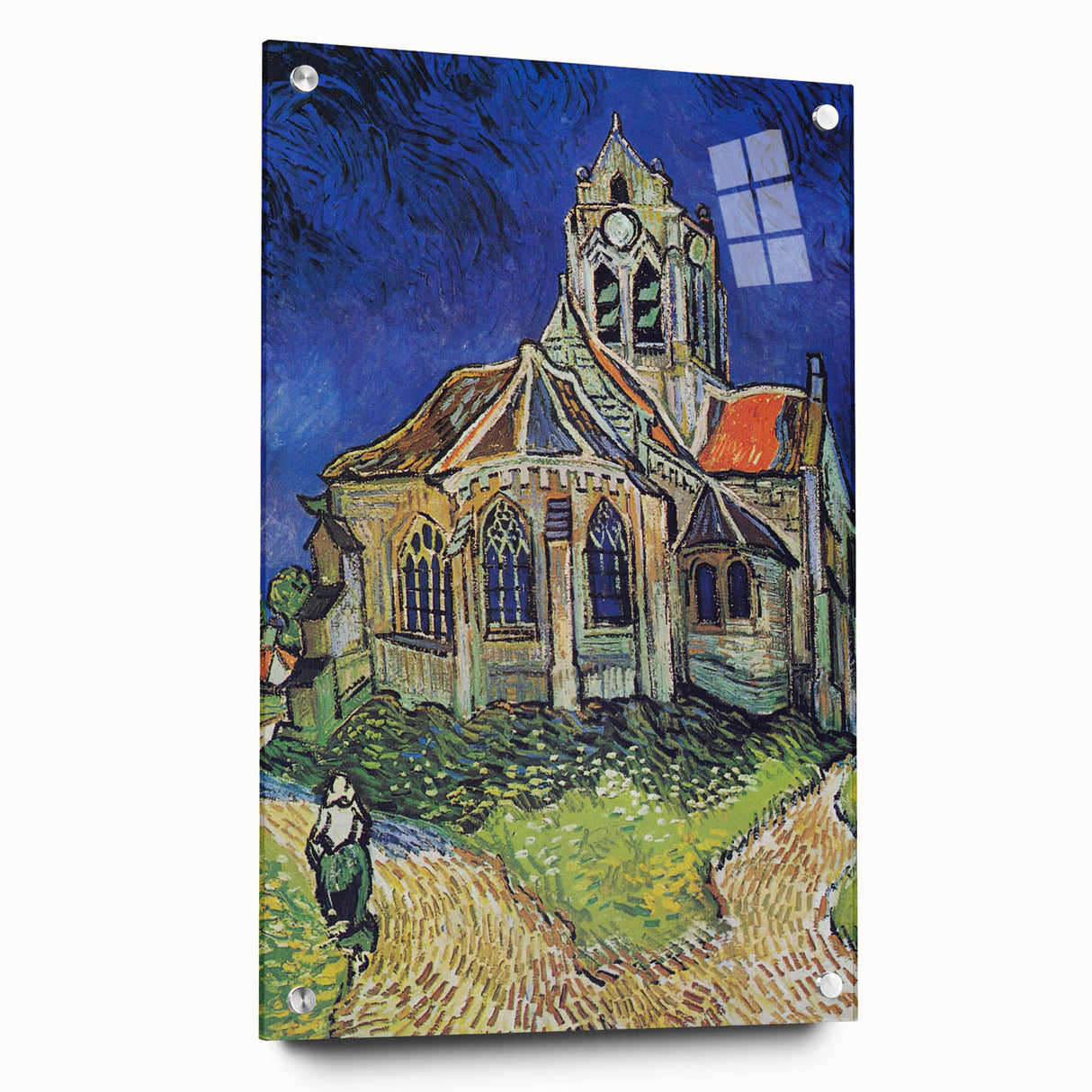 Large abstract wall art on acrylic glass depicting a swirling blue and yellow pattern.