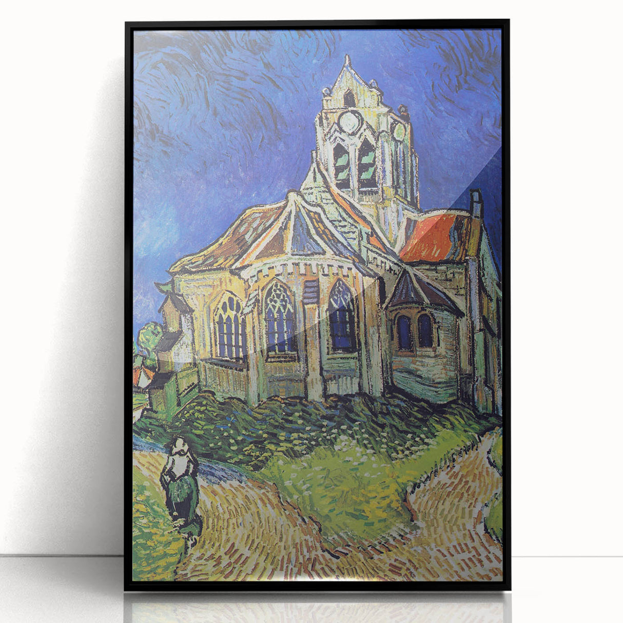 Large abstract wall art depicting a swirling pattern in muted blue and green on a framed acrylic print.