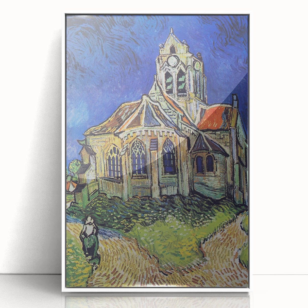 Mid-century modernist art depicting a stylized landscape in vibrant pastel shades on a white framed acrylic print.