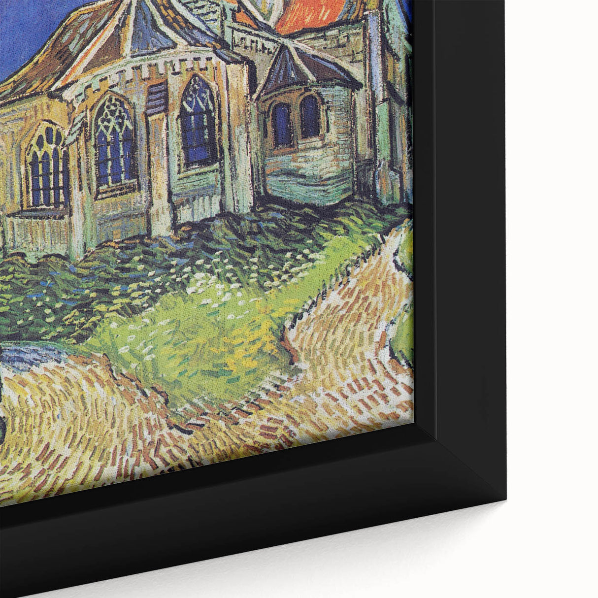Close-up of a textured, extra large framed canvas depicting a Van Gogh-inspired colorful abstract design.
