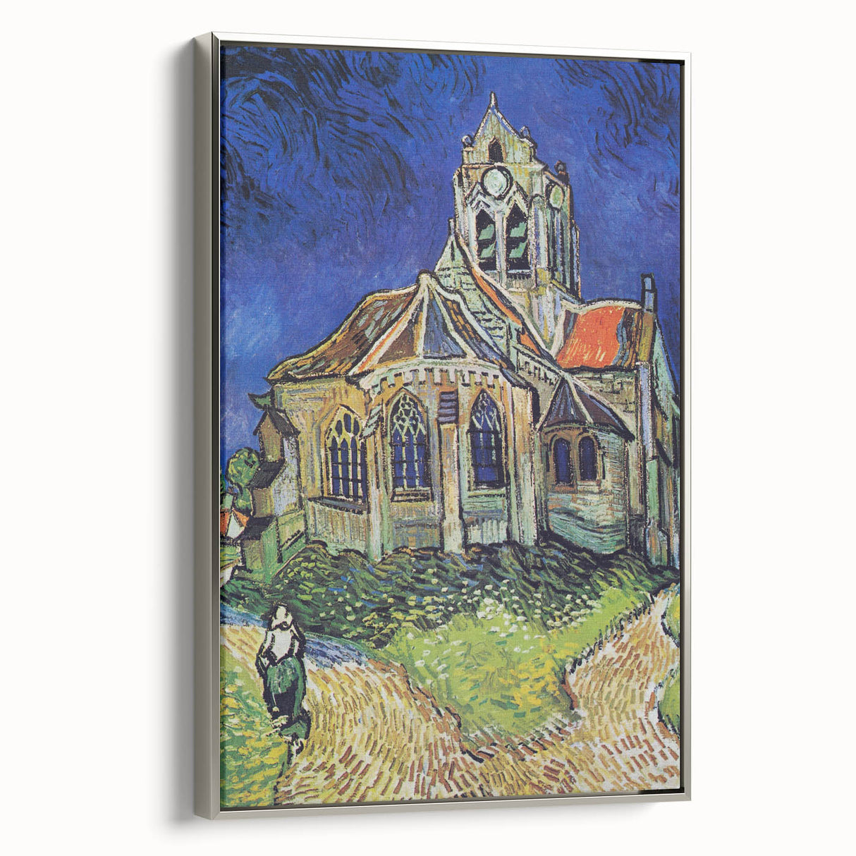 Vintage-style landscape art painting on a framed canvas, featuring colorful, abstract patterns with dominant black tones.